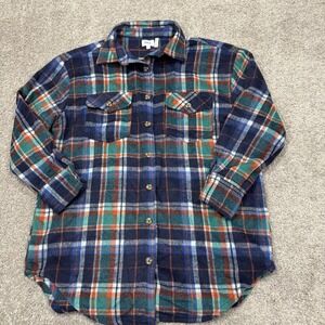 BKE Womens Brushed Knit Flannel Shirt Boyfriend Fit Size Small Plaid Navy Aqua